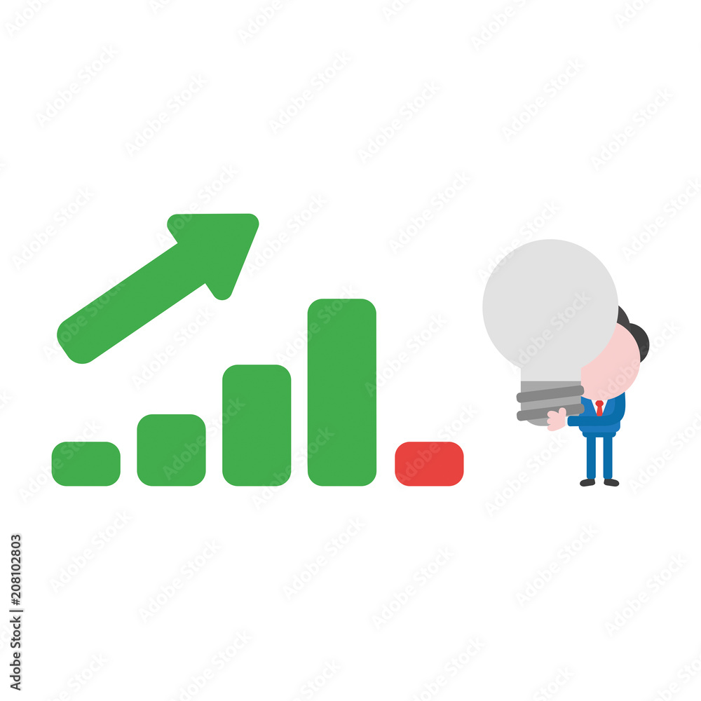 Poster vector businessman character holding bad idea light bulb and sales bar chart moving up and down