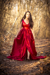 Naklejka premium Girl in red dress waiting in woods