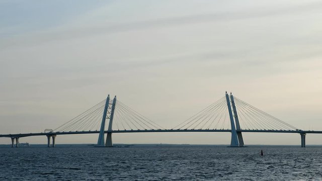New cable-stayed bridge over the ship's fairway. Western High-Speed Diameter. St. Petersburg. Russia