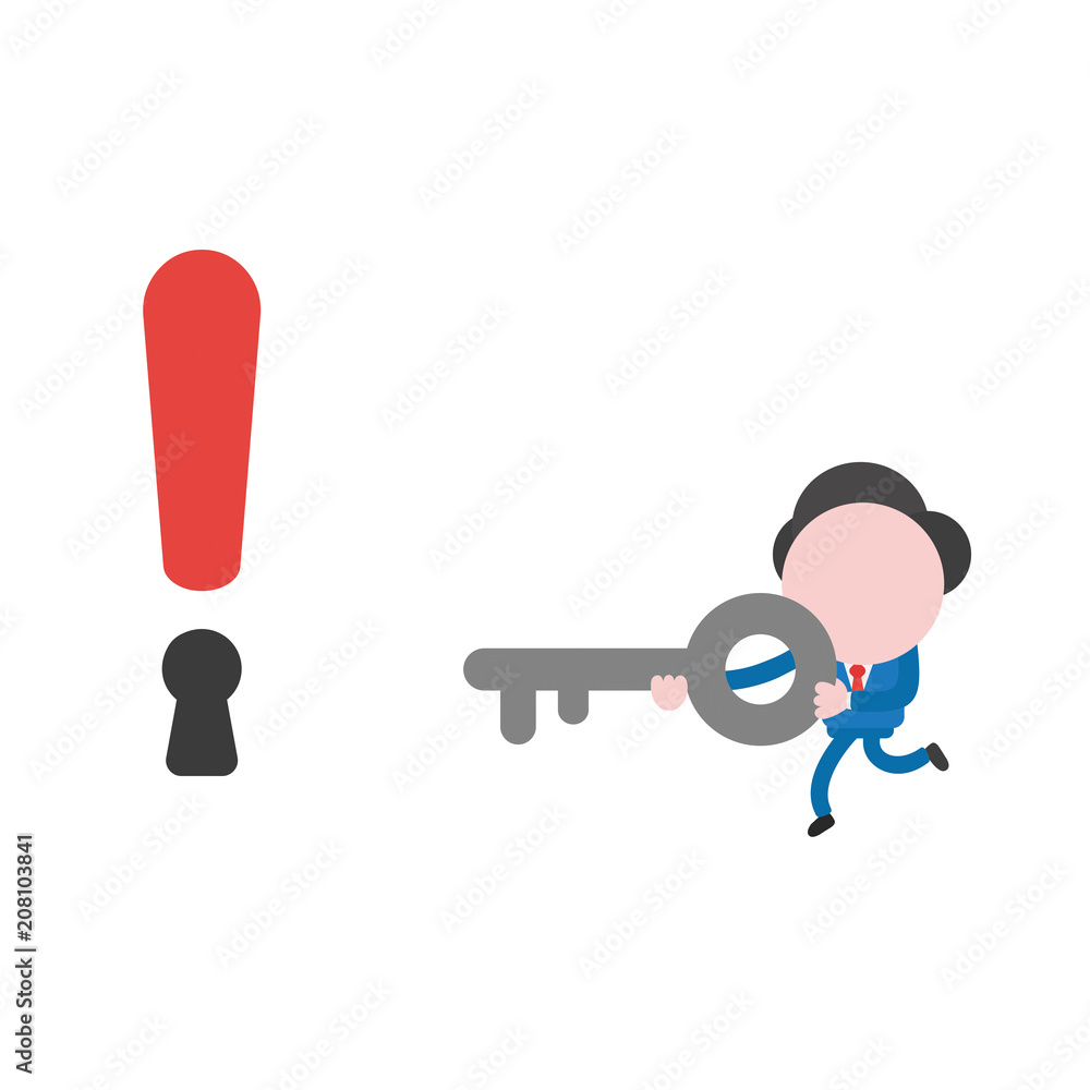 Poster vector businessman character running and carrying key to exclamation mark keyhole