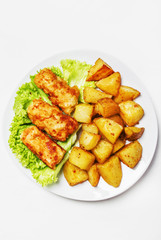Fish and chips on a plate, white background, top view