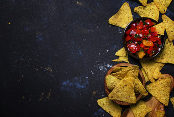 Tex-Mex Concept, Salsa Sauce, Tomatoes, Nachos and Lime, Food Background, Top View