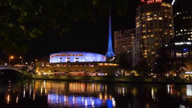 Sliding Shot Of The Arts Centre And Yarra River At Night In Downtown Of Melbourne, Victoria, Australia 