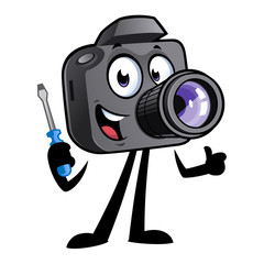 Obraz premium Happy cartoon camera mascot has a screwdriver in his hand.