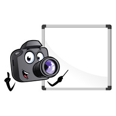 Obraz premium Cartoon camera mascot with a white board.