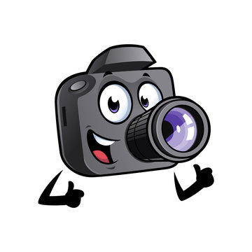 Happy cartoon camera mascot is smiling and with thumbs up.