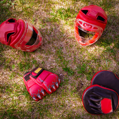 sports equipment for hand-to-hand combat lies on the grass