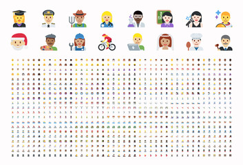 All type of people, different workers, man, woman works, jobs, professions, emojis, emoticons, stickers, symbols. Teachers, doctors, sports, sportsmen, musicians. Labour icons set, collection