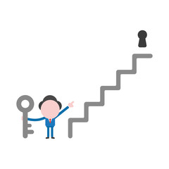 Vector businessman character holding key and pointing keyhole at top of stairs