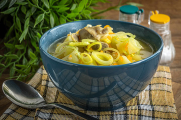 Soup with barley and chicken gizzards.