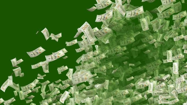 A celebratory 3d rendering of American dollars blasting like a cheerful salute and flying in the dark green background. They make circles in a hilarious and optimistic way.