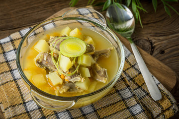 Soup with barley and chicken gizzards.