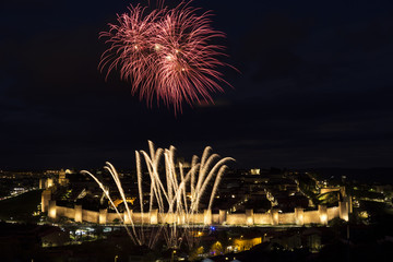 night views of fireworks in the city of Avila in Spain, medieval walled city perfectly preserved
