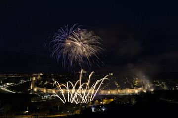night views of fireworks in the city of Avila in Spain, medieval walled city perfectly preserved
