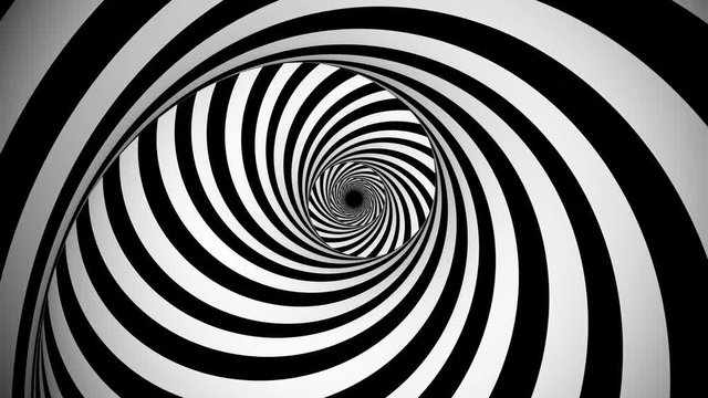 A psychedelic 3d rendering of an optical illusion created by black and white lines rotating in a tunnel with spiraling effect. They create the mood of mystery and magic.