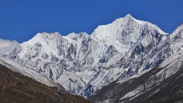Spring day in the Himalayas. Mount Gangchenpo, Langtang valley, Nepal.