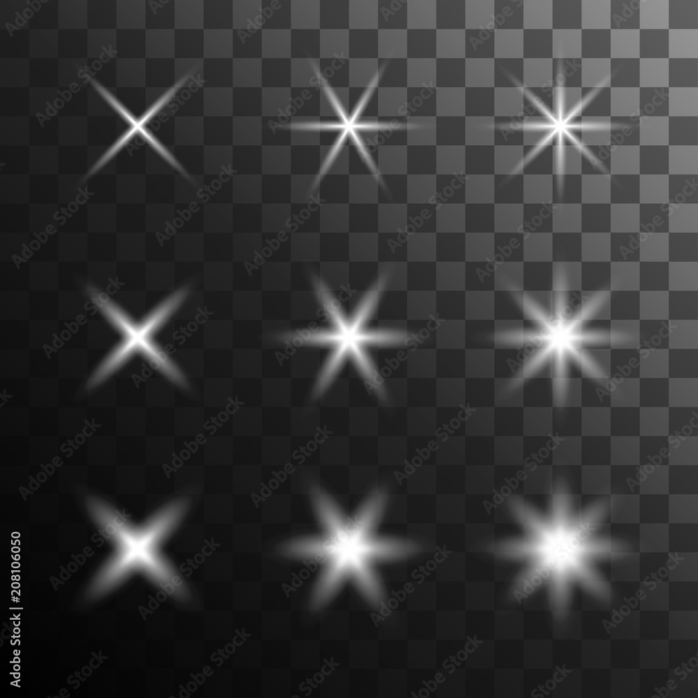 Poster set of glowing stars on the transparent background. vector illustration