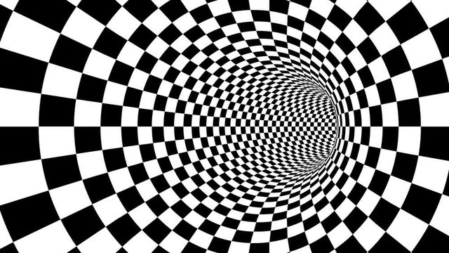A mesmerizing 3d rendering of an optical illusion created by zoom in of black and white squares looking like a passage from chessboards creating the mood of magic and art.