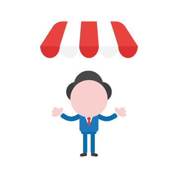Vector businessman character under shop store awning