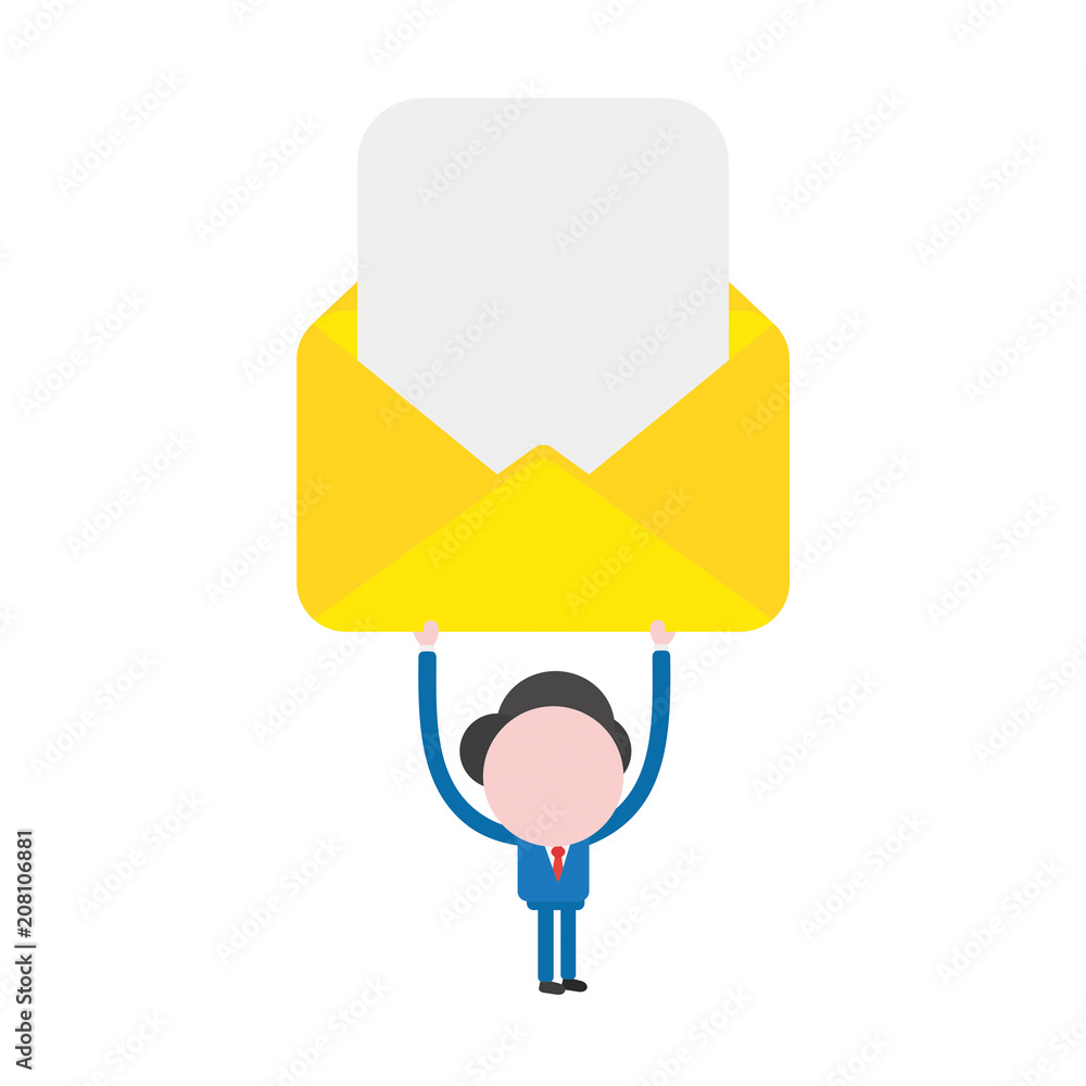 Poster vector businessman character holding up open mail envelope with blank paper