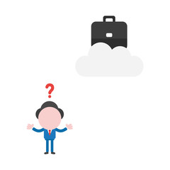 Vector businessman character confused how reach to briefcase on cloud