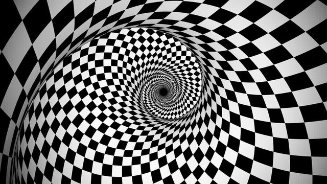 An optical art 3d rendering of an illusion created zoom in of black and white squares forming a huge spiral from chessboards generating the spirit of enchantment and supernatural.