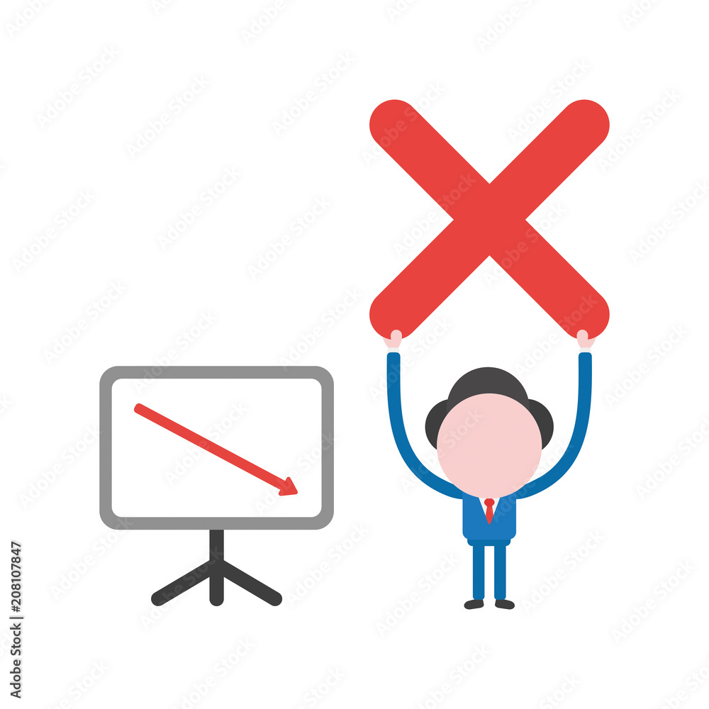 Poster vector businessman character holding up x mark with sales chart board arrow moving down