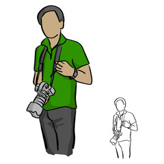 male photographer holding DSLR camra vector illustration sketch doodle hand drawn with black lines isolated on white background