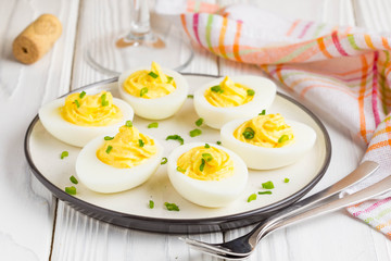 Stuffed eggs, yellow mousse, wine snack, holiday party
