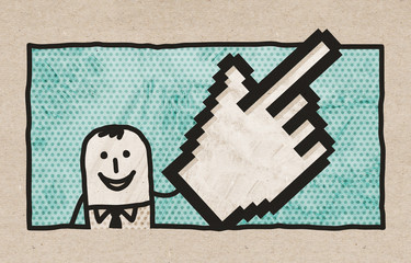 Cartoon Businessman with Big Pointing Pixels Hand