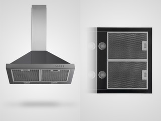 grey kitchen hood in two angles on a white background. kitchen appliances. Isolated