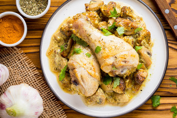 Chicken legs in creamy mushroom sauce, delicious dinner