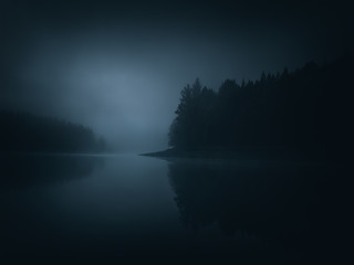 donker humeurig landschap van een meer en bos