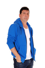 Middle age man standing in blue hoody