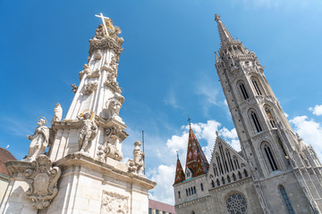 Matthias Church, a church located in Budapest, Hungary, in front of the Fisherman's Bastion at the...