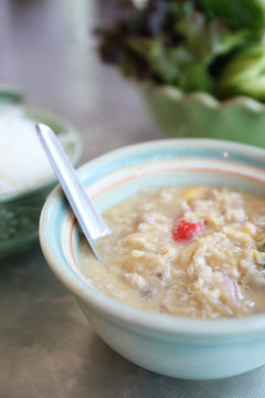 Herbed Soya Beans with Minced Pork in Coconut Milk with Fresh Vegetables , Traditional thai food