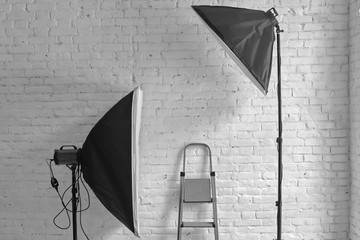 Two studio lighting softbox and ladder in photo studio