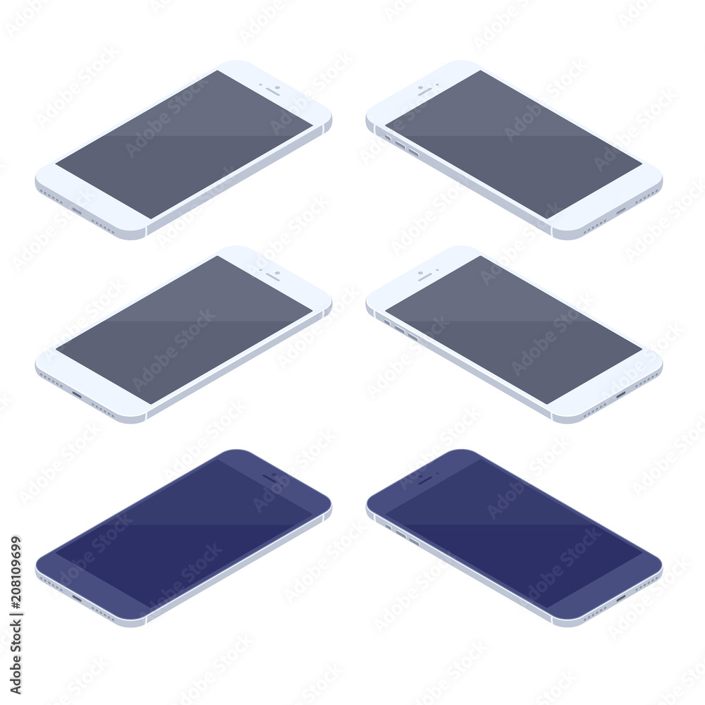 Poster isometric smartphone kit isolated on white background. technology and computing design elements. hor