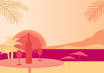 Tropical beach with parasols, sea with sunset, table with bottle of wine and two glasses