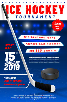 Ice hockey tournament poster template with stick and puck