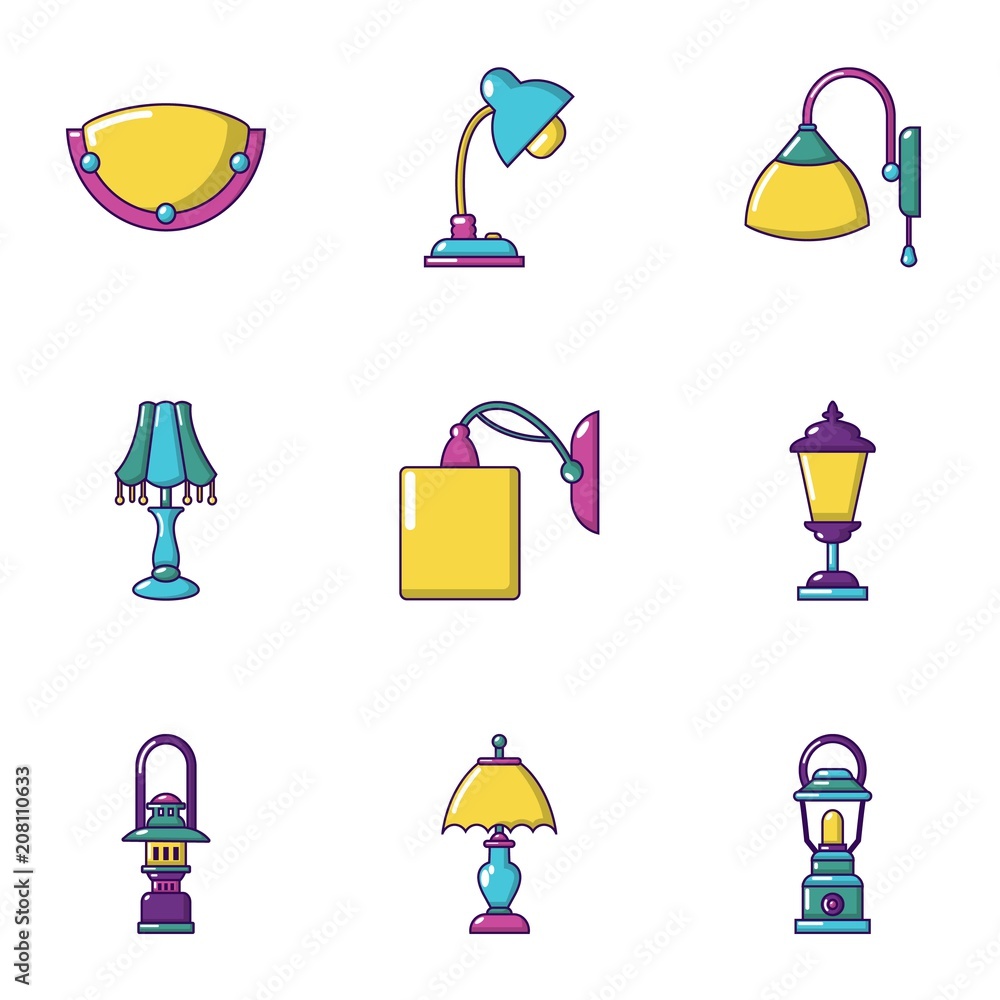 Poster illuminator icons set. cartoon set of 9 illuminator vector icons for web isolated on white backgroun