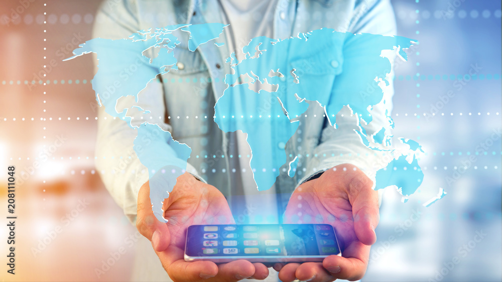 Poster businessman using a smartphone with a connected world map - 3d render