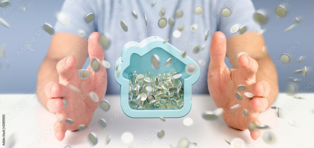 Aufkleber man holding a house moneybox with coin surrounding all over 3d rendering