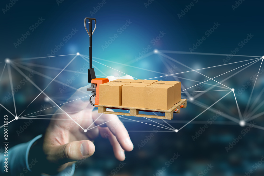 Poster pallet truck and carboxes with network connection system - 3d render