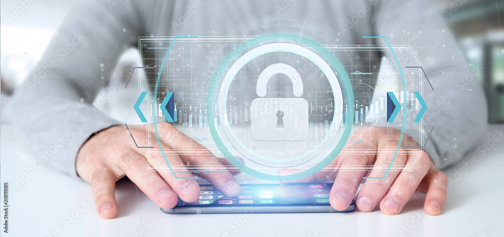 Poster man holding a padlock web security concept 3d rendering