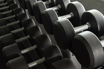 Naklejka na ściany i meble Rows of modern dumbbells in the gym , gym equipment concept.