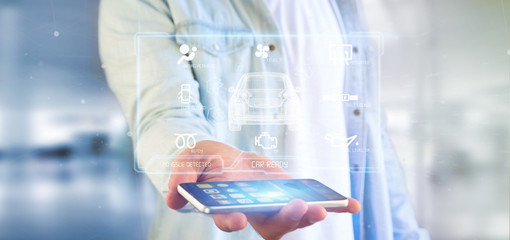 Man holding a Dashboard smartcar interface dashboard 3d rendering