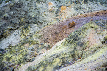 Jigokudani or Hell Valley in the town of Noboribetsu Onsen, hot steam vents, sulfurous streams and other volcanic activity, hot spring waters, Hokkaido, Japan.