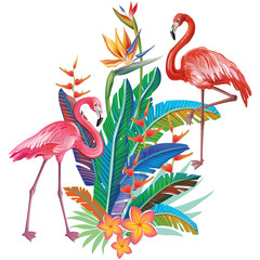 Flamingoes with arrangement from tropical flowers