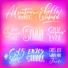 Handwritten lettering, summer holidays and vacation quotes set on abstract blurry sunrise, sundown sky, sea water texture